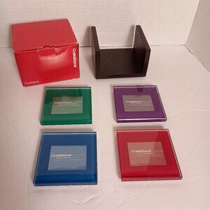 Crate and Barrel Jewel Glass Photo Coasters Set of 4 with Espresso Wood Holder